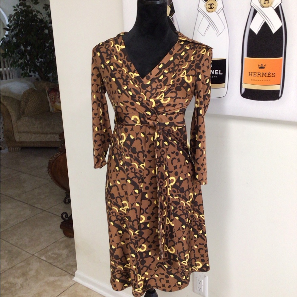 Kay Unger Brown and Yellow Patterned Wrap Dress 2